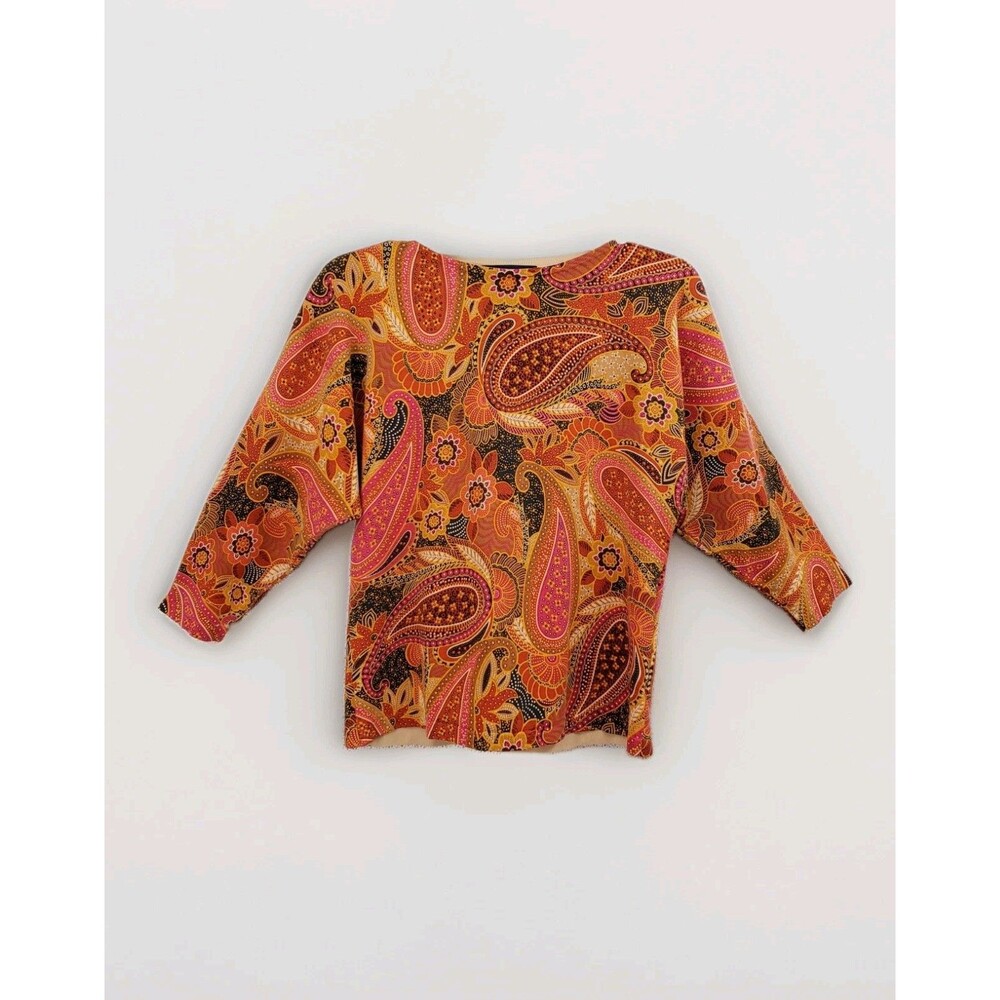 Vtg Jones New York Silk Blend Top Sz S Paisley Multi Dolman 3/4 Sleeve Boat Neck